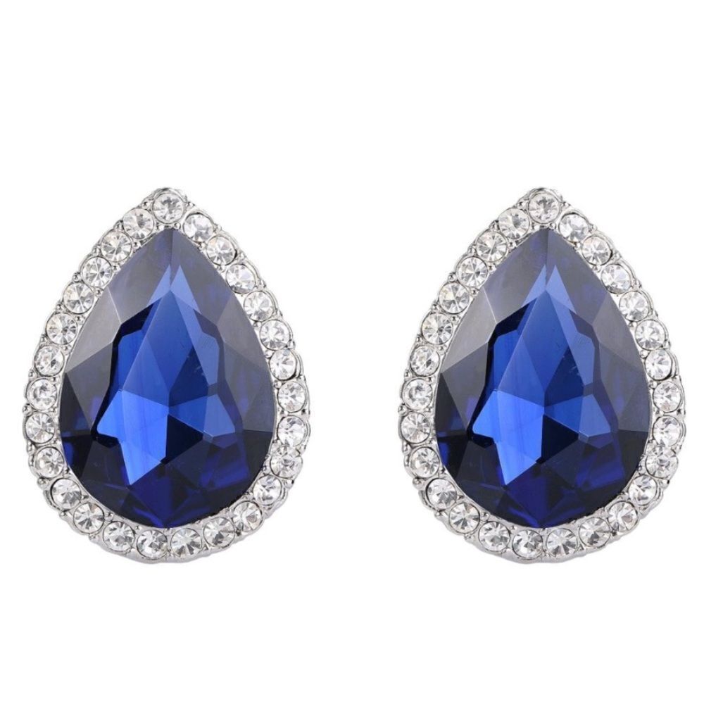 Silver with Sapphire Blue and Diamond Austrian Crystal Teardrop Stud Earrings